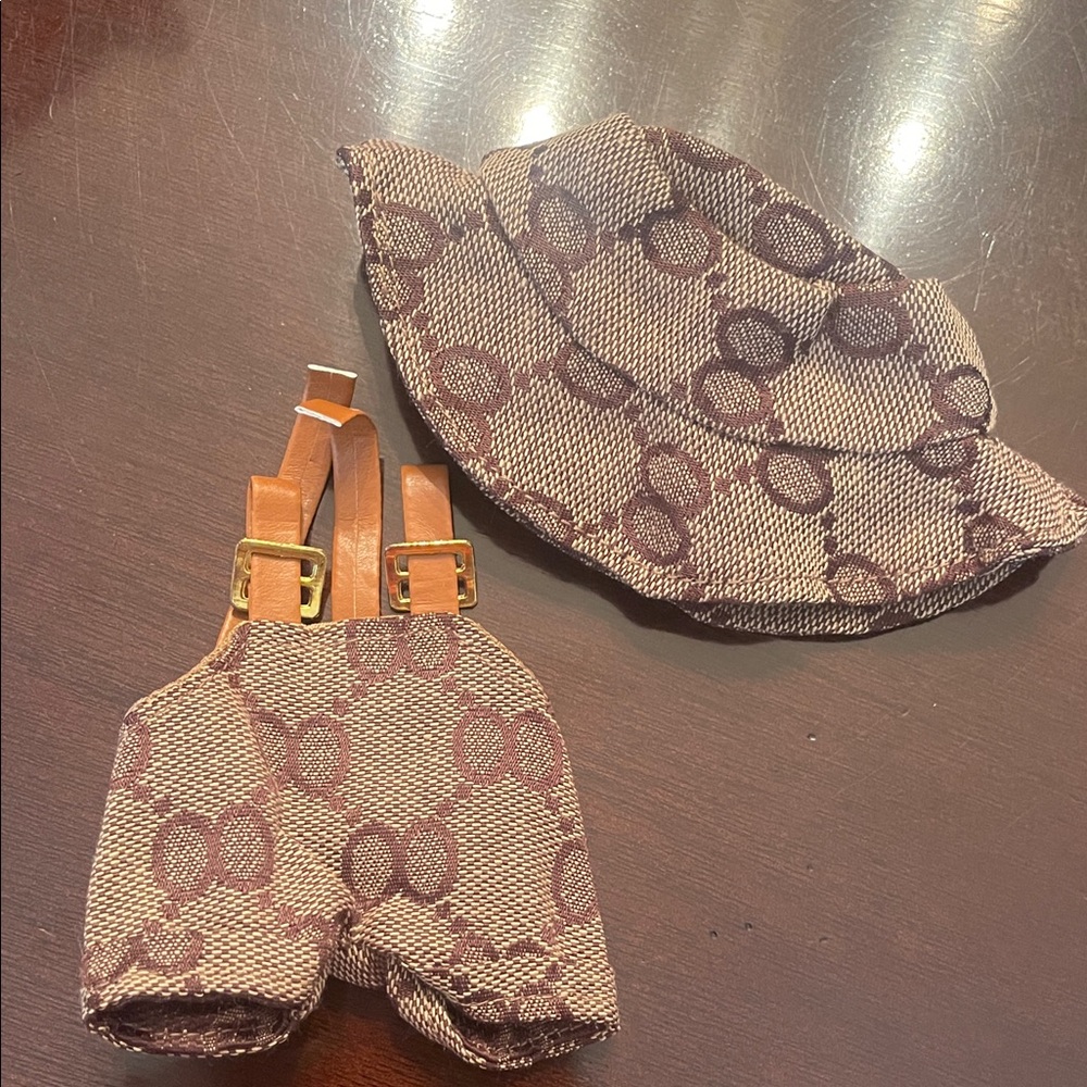 Stylish Brown Patterned Labubu Hat and Suspender Set nwt